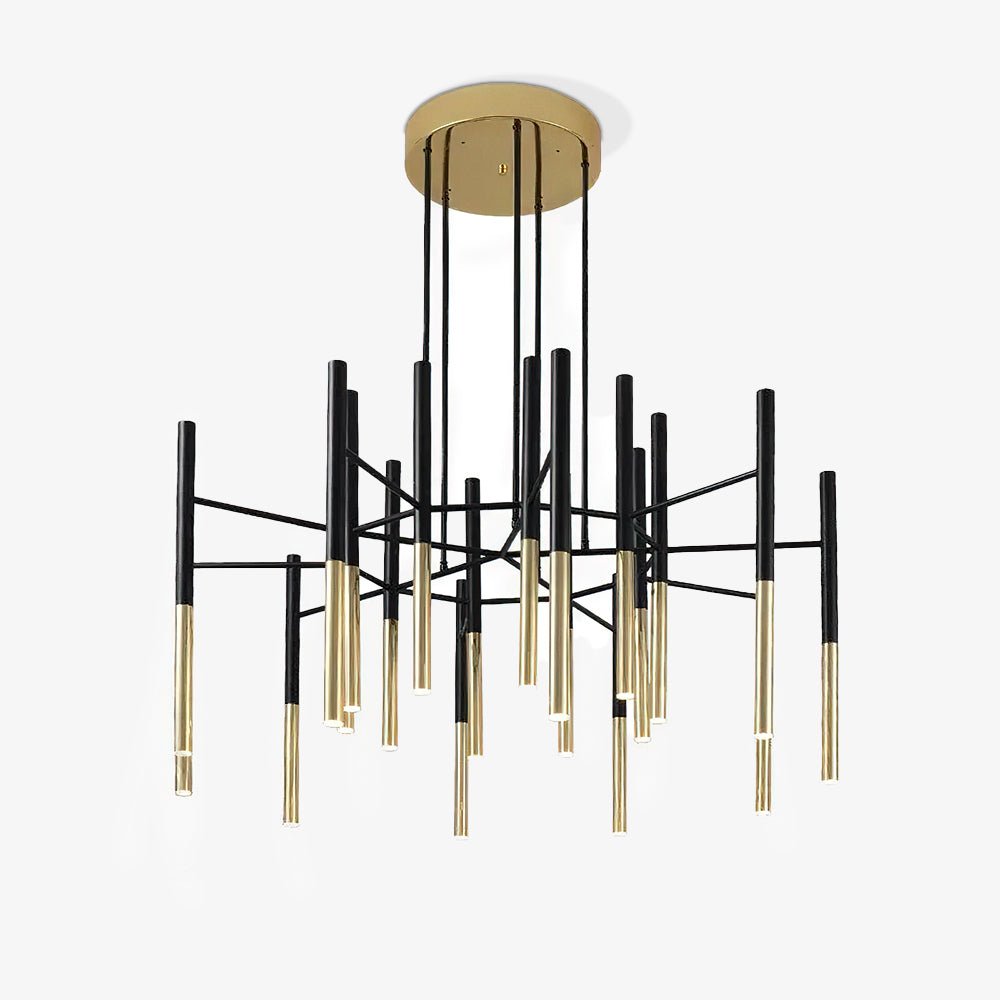 Black metal arms hold slim black-and-gold tubes beneath a round brass-finish ceiling canopy, on a plain white backdrop, from Clérachic.