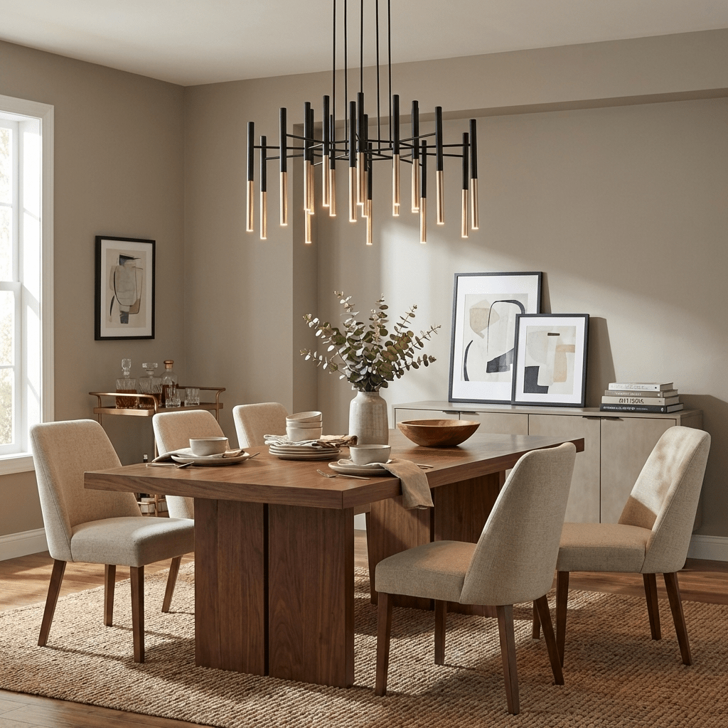 A Clérachic tubular chandelier hangs over a walnut dining table with cream upholstered chairs, in front of a taupe wall and framed prints.