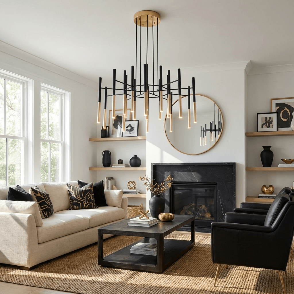 A Clérachic tubular chandelier hangs in a living room with a cream sofa, a black fireplace and a round gold-framed mirror.