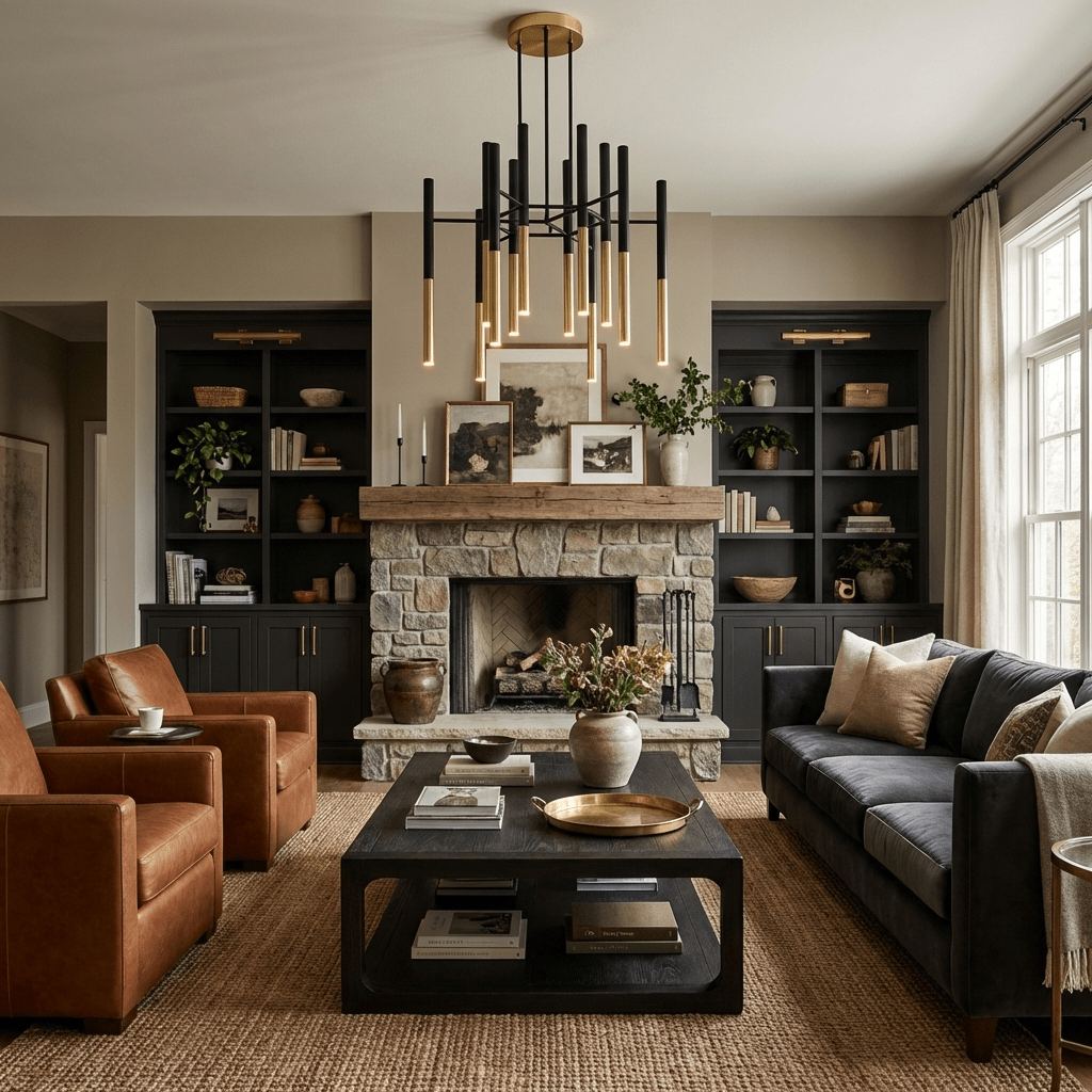 A Clérachic tubular chandelier hangs above a dark coffee table and a tan leather armchair, in front of a stone fireplace.