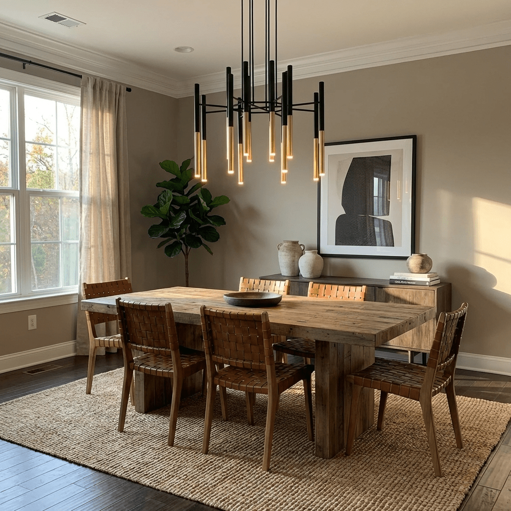 A Clérachic tubular chandelier lights a rustic wooden dining table with woven leather chairs, beside a tall leafy plant.