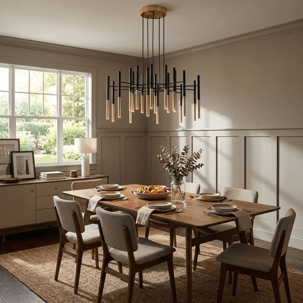 Below a panelled wall and a bright window, a Clérachic tubular chandelier hangs over a laid dining table with grey chairs.