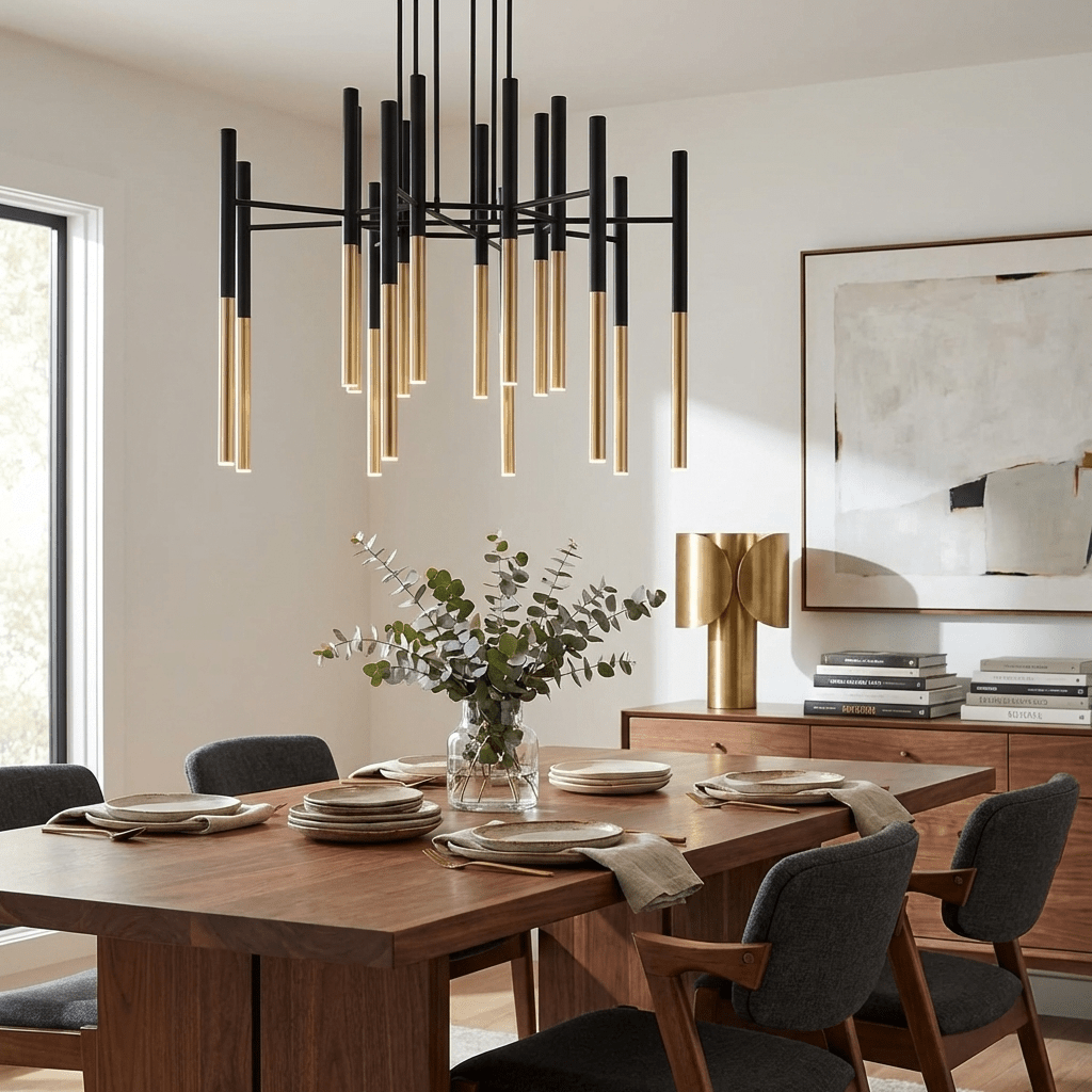 Black-and-gold tubes of a Clérachic chandelier hang above a walnut dining table, with an abstract painting and a brass vase behind.