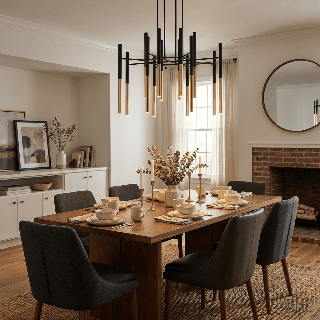A Clérachic tubular chandelier hangs in a dining room with a brick fireplace, a round mirror and dark grey chairs.