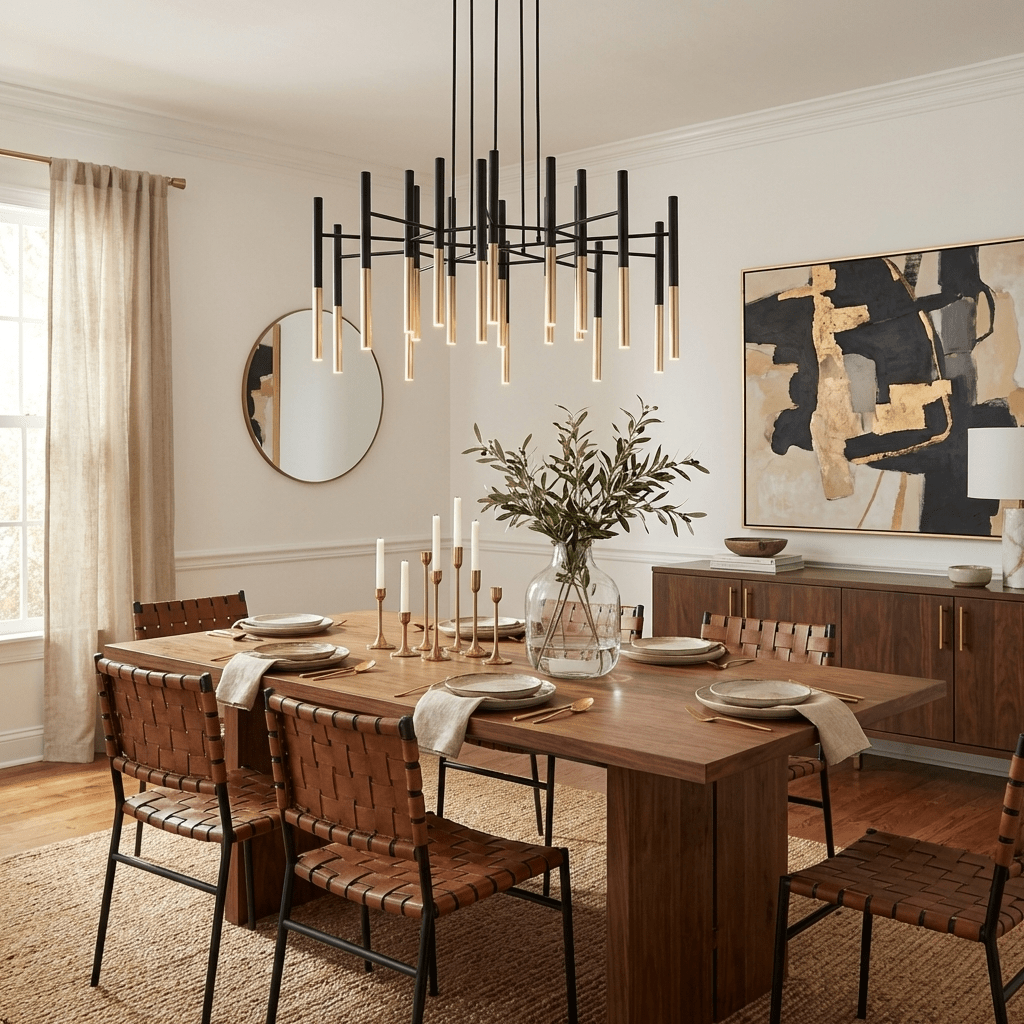 A Clérachic tubular chandelier hangs over a candle-lit dining table, with woven chairs and a bold black and gold painting behind.