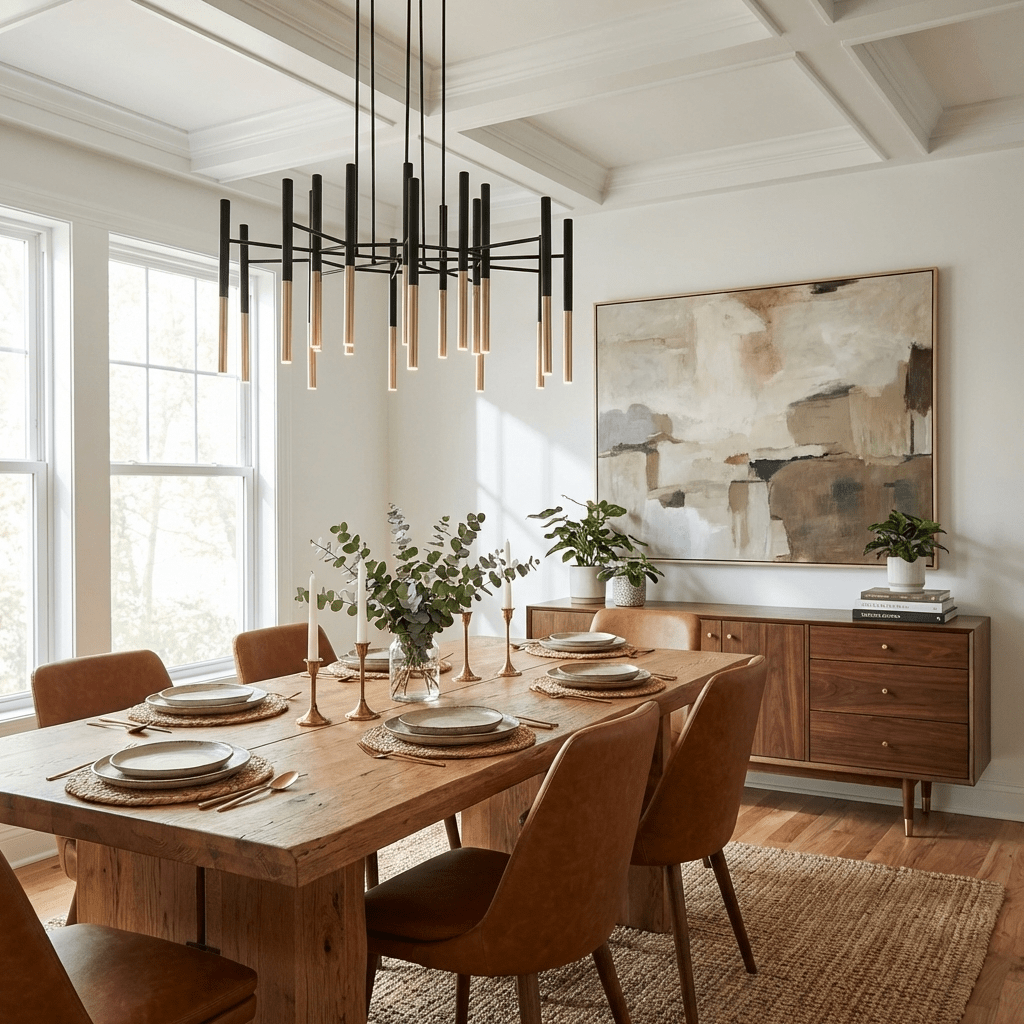 A Clérachic tubular chandelier hangs in a dining room with a coffered ceiling, over a wooden table and tan leather chairs.