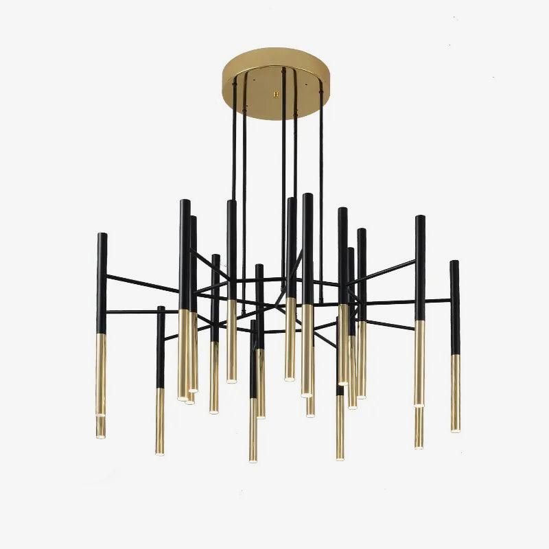 Black arms and gold-finish tubes radiate from a round brass-finish canopy on this Clérachic chandelier, on a pale backdrop.