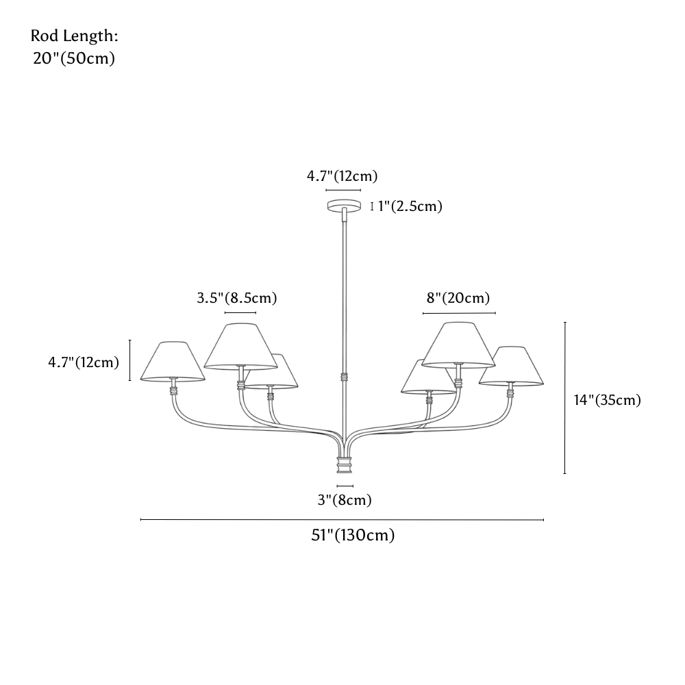 Clérachic chandelier dimension drawing, 6 Heads, every measurement marked in centimetres and inches.