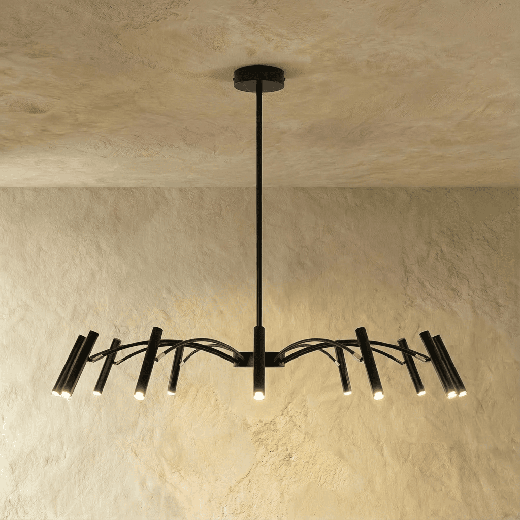 The black iron chandelier's arched arms multiply, carrying many slender cylindrical heads in a wider silhouette, Clérachic hero shot.