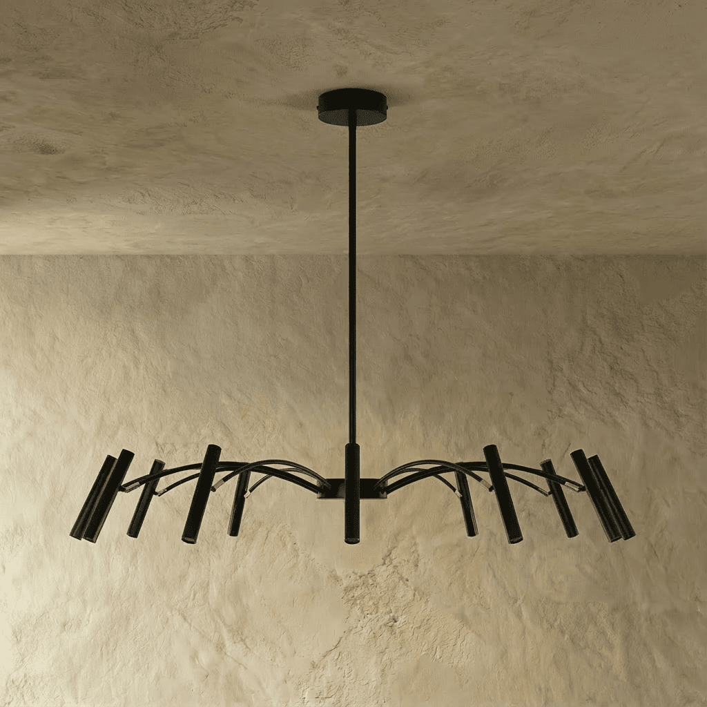 A denser black iron chandelier shows cascading arms and tube heads fanning broadly beneath a plaster ceiling, Clérachic hero shot.