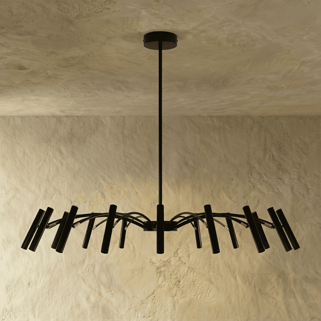 Near its fullest spread, the black iron chandelier's many arched arms and cylindrical heads form a wide canopy in this Clérachic hero shot.