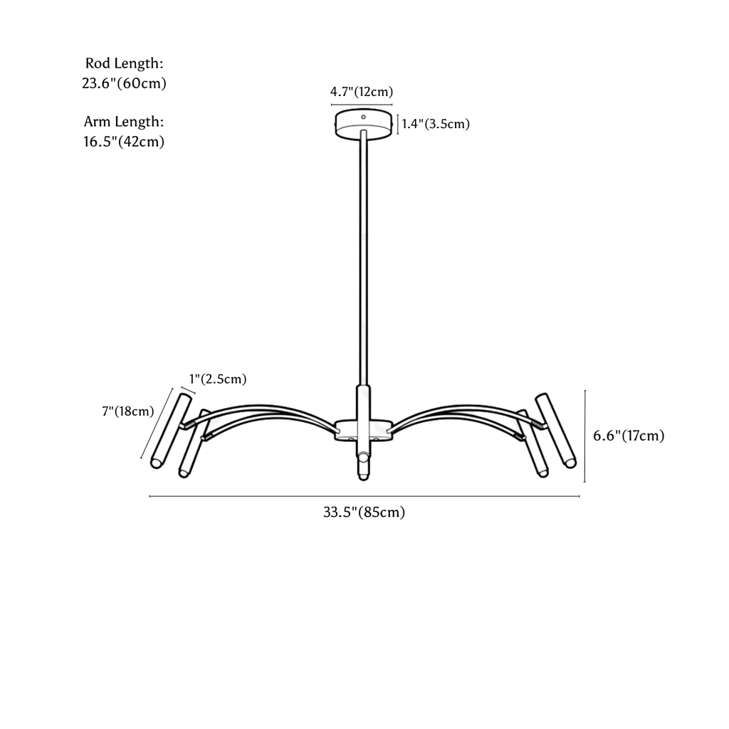 Clérachic chandelier dimension drawing, 6 Heads, 85 cm, 30 W, every measurement marked in centimetres and inches.