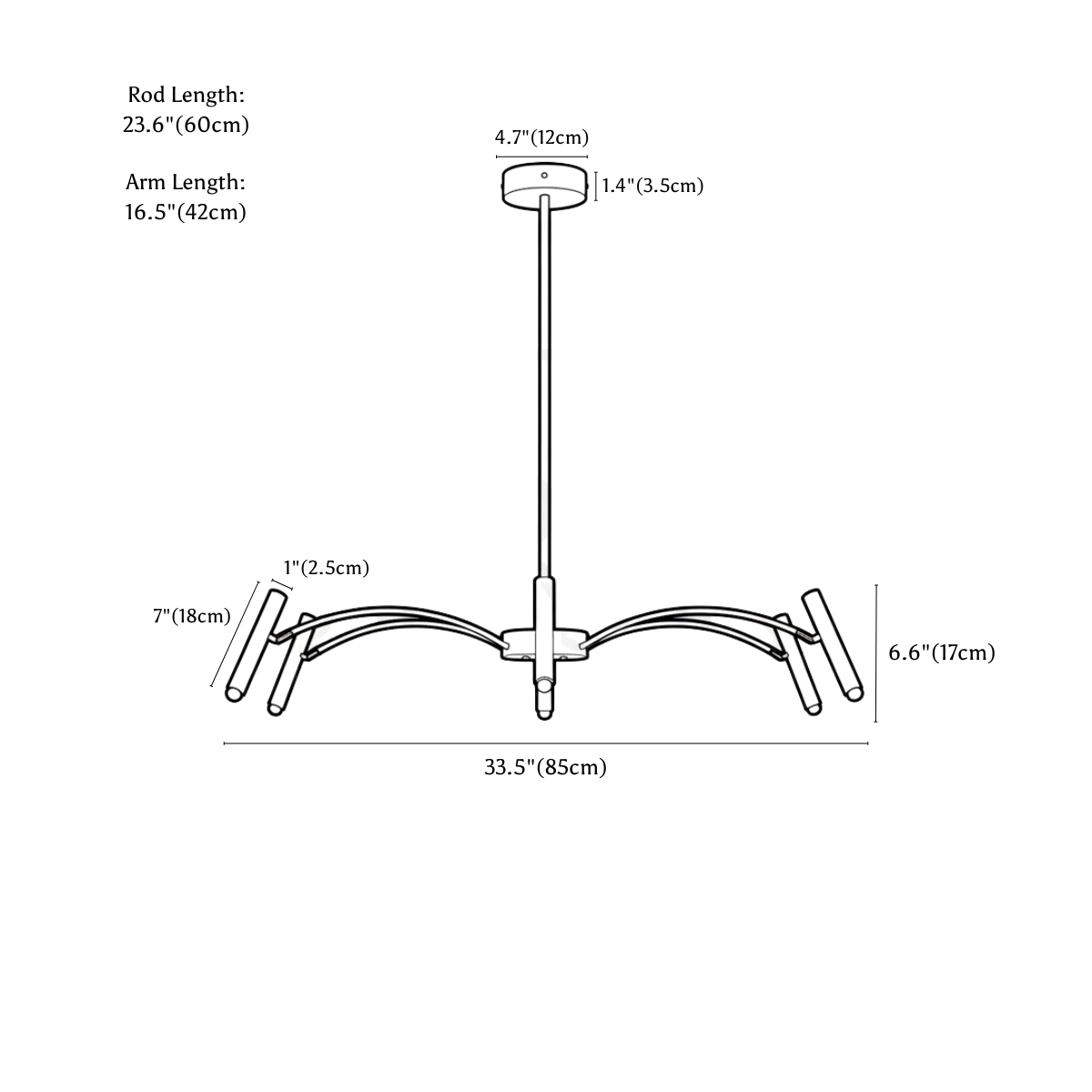 Clérachic chandelier dimension drawing, 6 Heads, 85 cm, 30 W, every measurement marked in centimetres and inches.