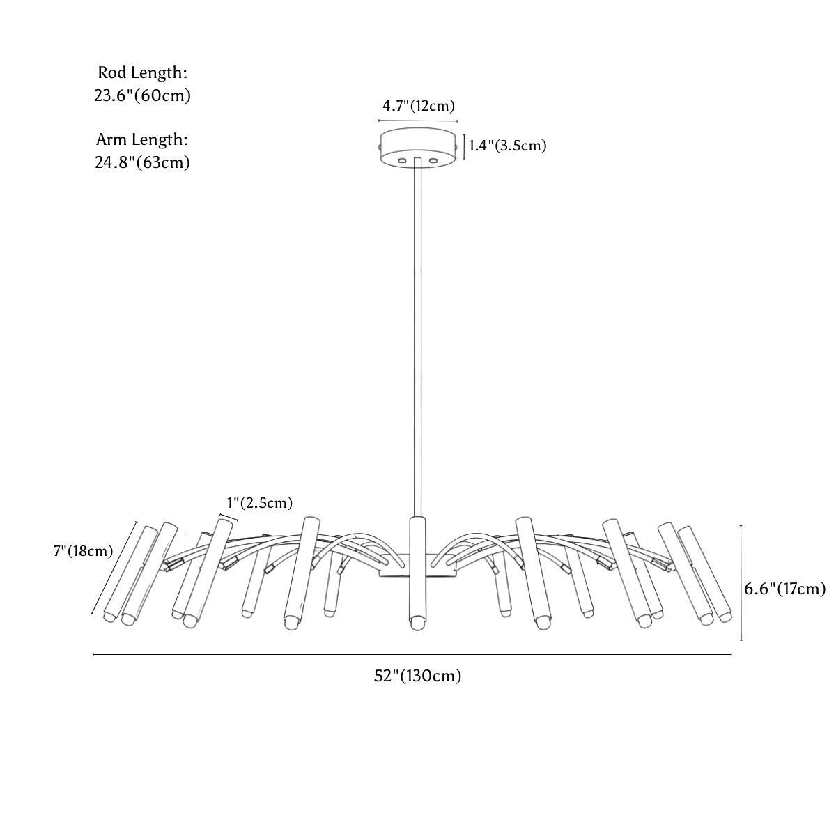 Clérachic chandelier dimension drawing, 18 Heads, 130 cm, 90 W, every measurement marked in centimetres and inches.