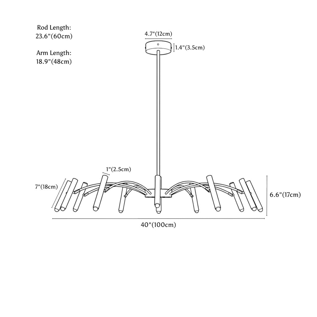 Clérachic chandelier dimension drawing, 12 Heads, 100 cm, 60 W, every measurement marked in centimetres and inches.