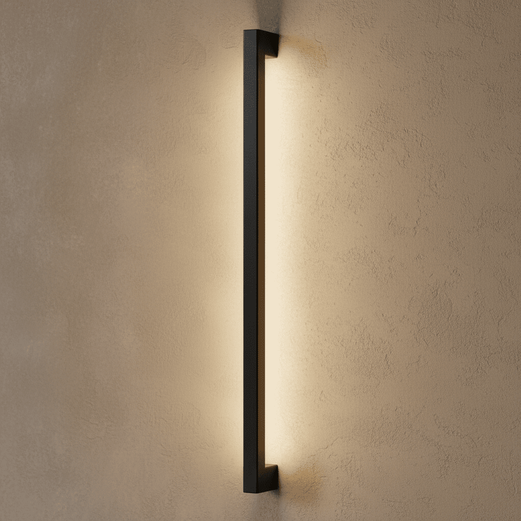 The matte black column wall light is shown fully lit here, its warm strip glowing the length of the fixture in this Clérachic hero shot.
