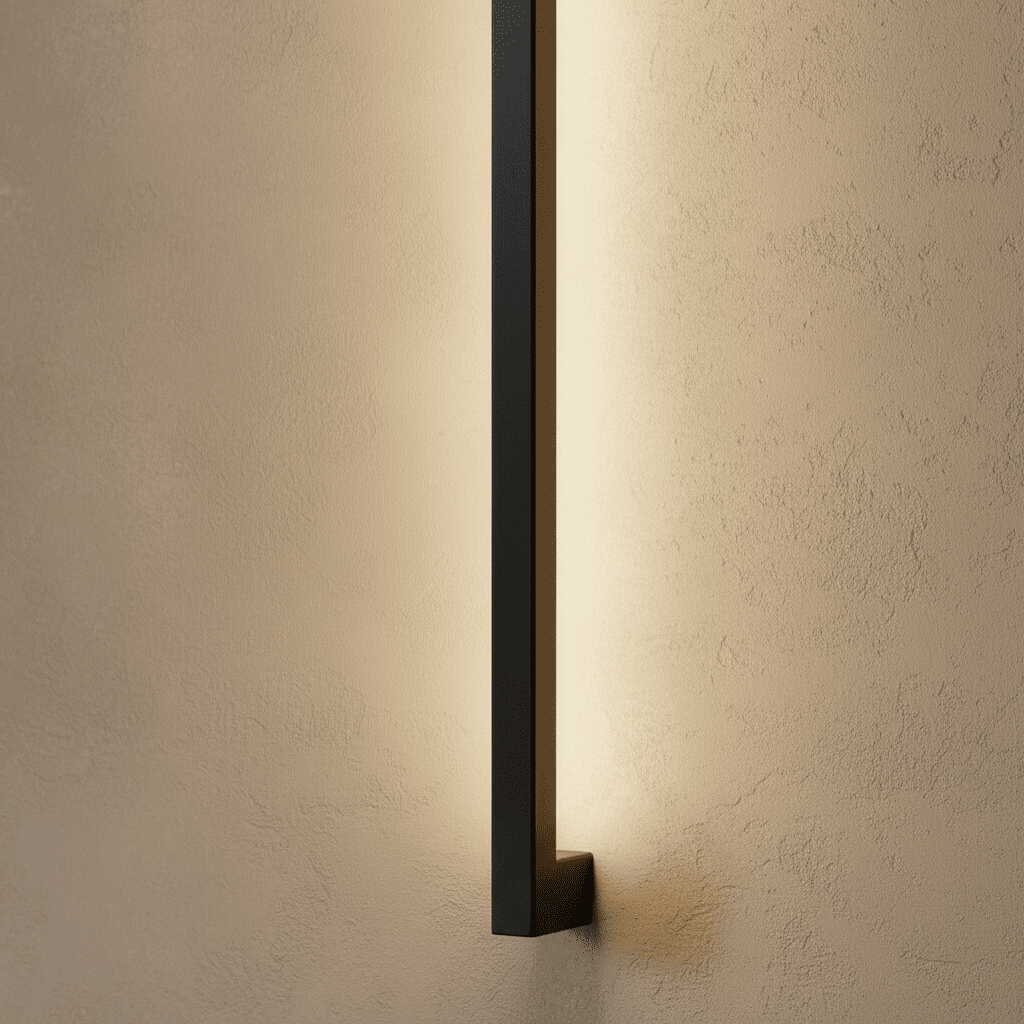 A close-up on the black column wall light's lower mounting bracket and square profile, glowing warm against plaster, Clérachic detail shot.