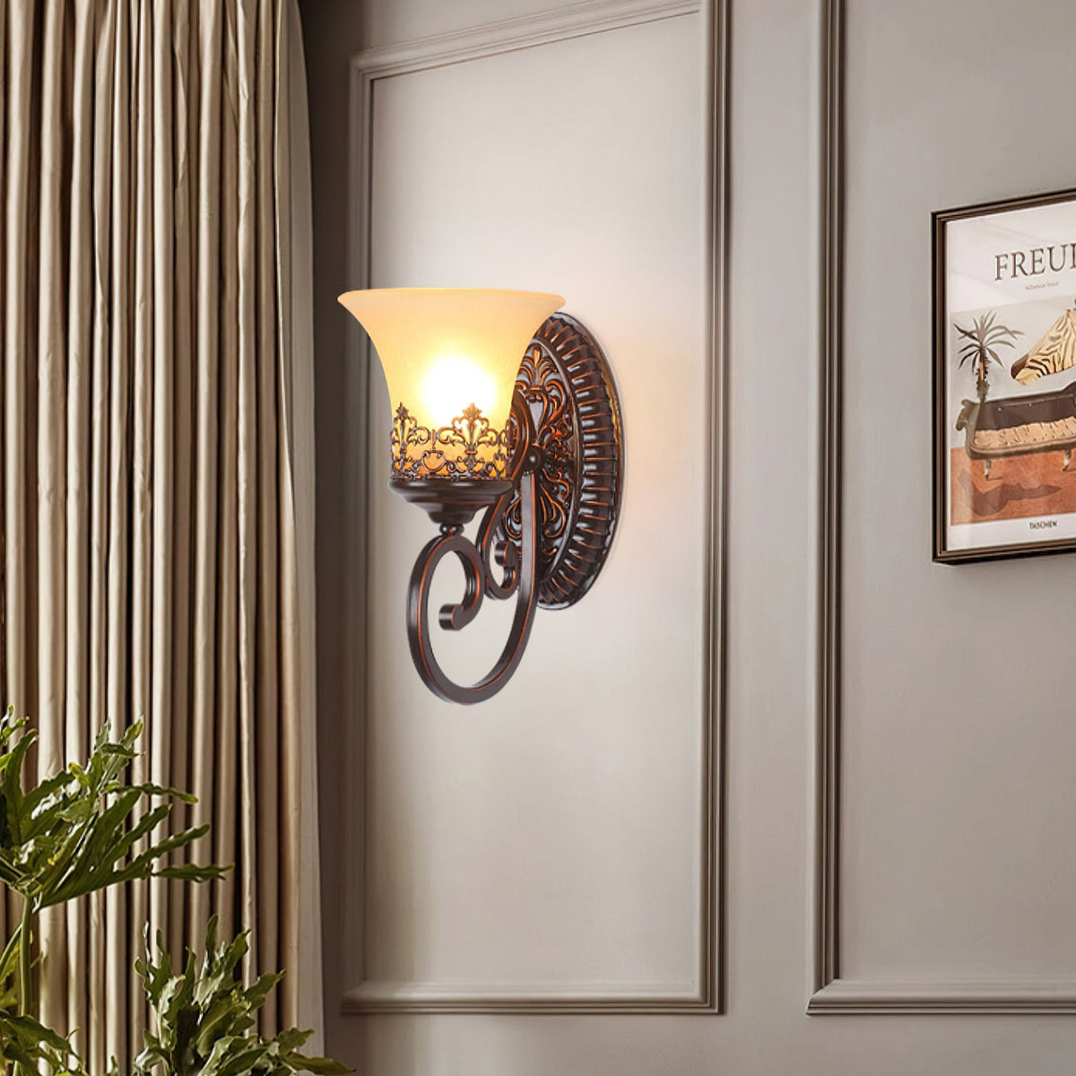 A single-arm Clérachic wall lamp with a glass bell shade on an oval backplate, set on a panelled wall beside striped curtains.