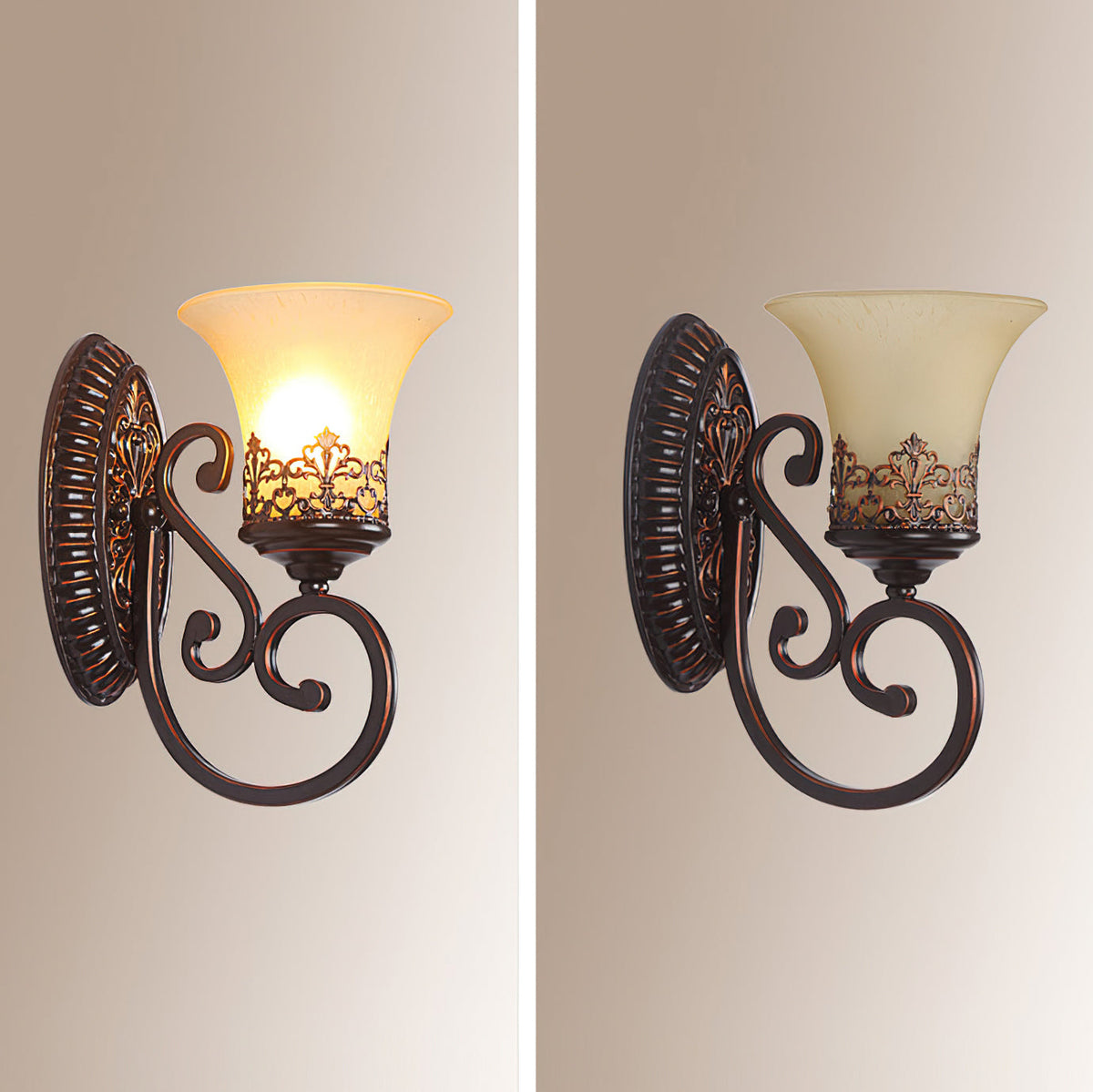 Two views of the single-arm Clérachic wall lamp, one with the bulb on and one unlit, with the glass shade showing its colour.