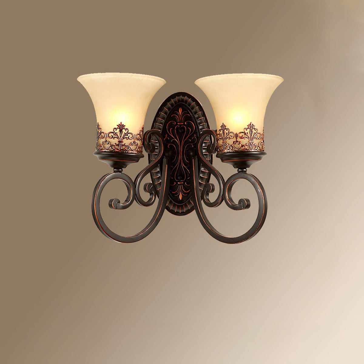A two-arm Clérachic wall lamp lit against a soft brown-to-cream gradient, with scrolled arms and bell shades.