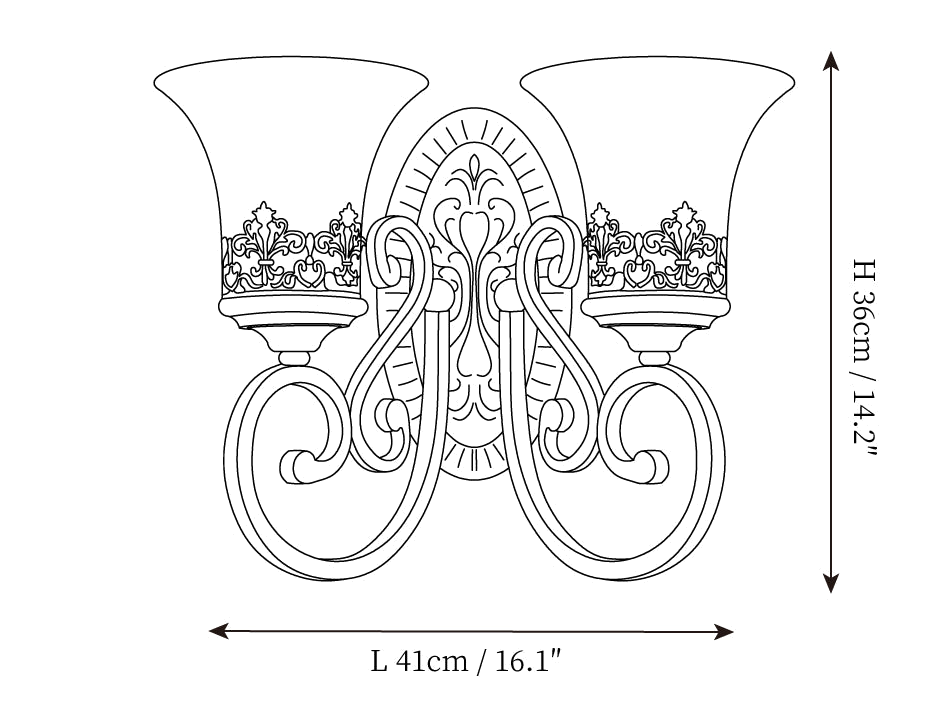 Clérachic wall light dimension drawing, every measurement marked in centimetres and inches.
