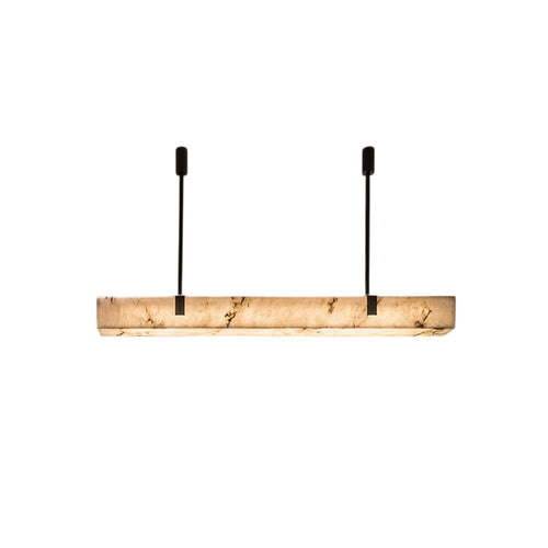 Clérachic Black Linear Chandelier shown on white, its long alabaster bar glowing warm on a slim black metal frame.