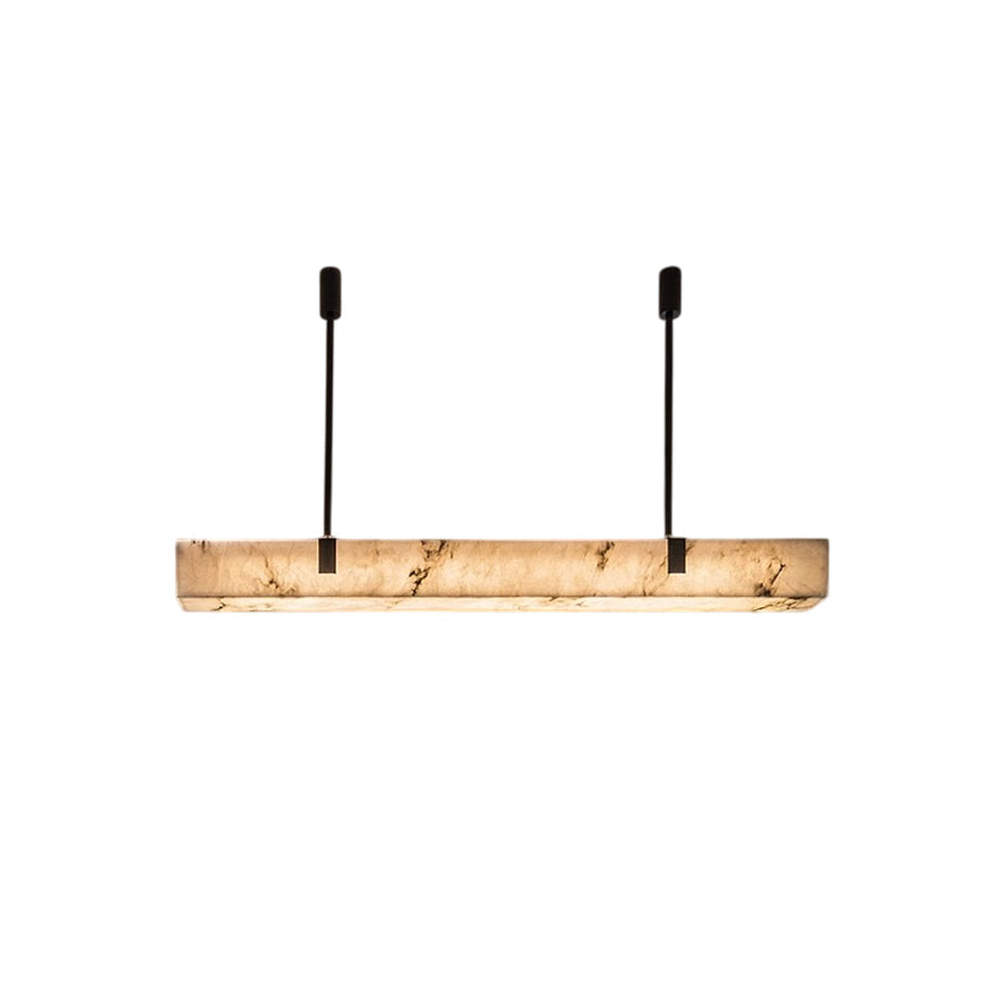 Front view of the Clérachic Black Linear Chandelier, showing the alabaster bar's natural veining lit from within.
