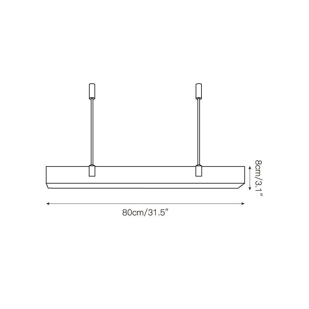 Dimension drawing for the Clérachic Black Linear Chandelier, 80 cm / 31.5 in wide and 8 cm / 3.1 in tall bar.