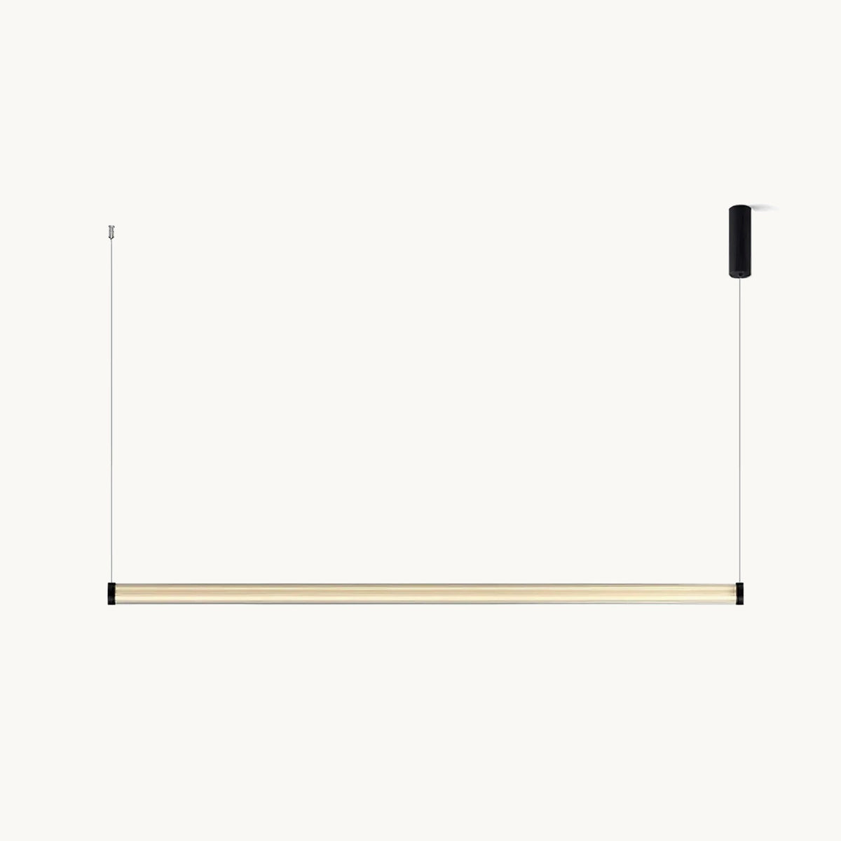 A Clérachic linear pendant light with a slim glowing tube and black end caps, hung from two thin cables on a plain off-white backdrop.