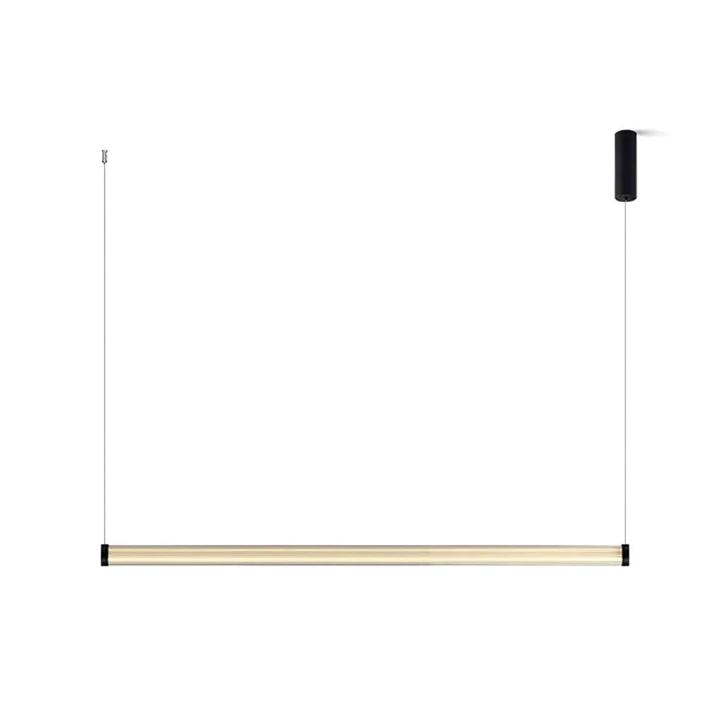 A Clérachic linear pendant on a white backdrop, its slim tube hanging from two cables, with a black canopy on the right.