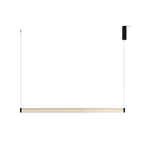 A Clérachic linear pendant on a white backdrop, its slim tube hanging from two cables, with a black canopy on the right.