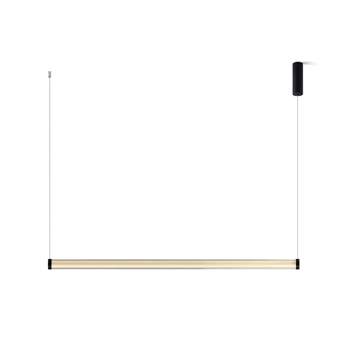 A Clérachic linear pendant on a white backdrop, its slim tube hanging from two cables, with a black canopy on the right.