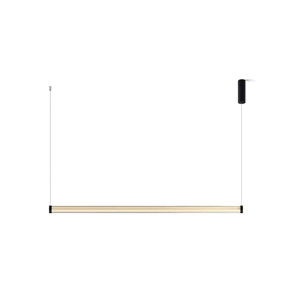 This Clérachic linear pendant on a white backdrop, its slim tube hanging from a black canopy on the right and a thin cable.