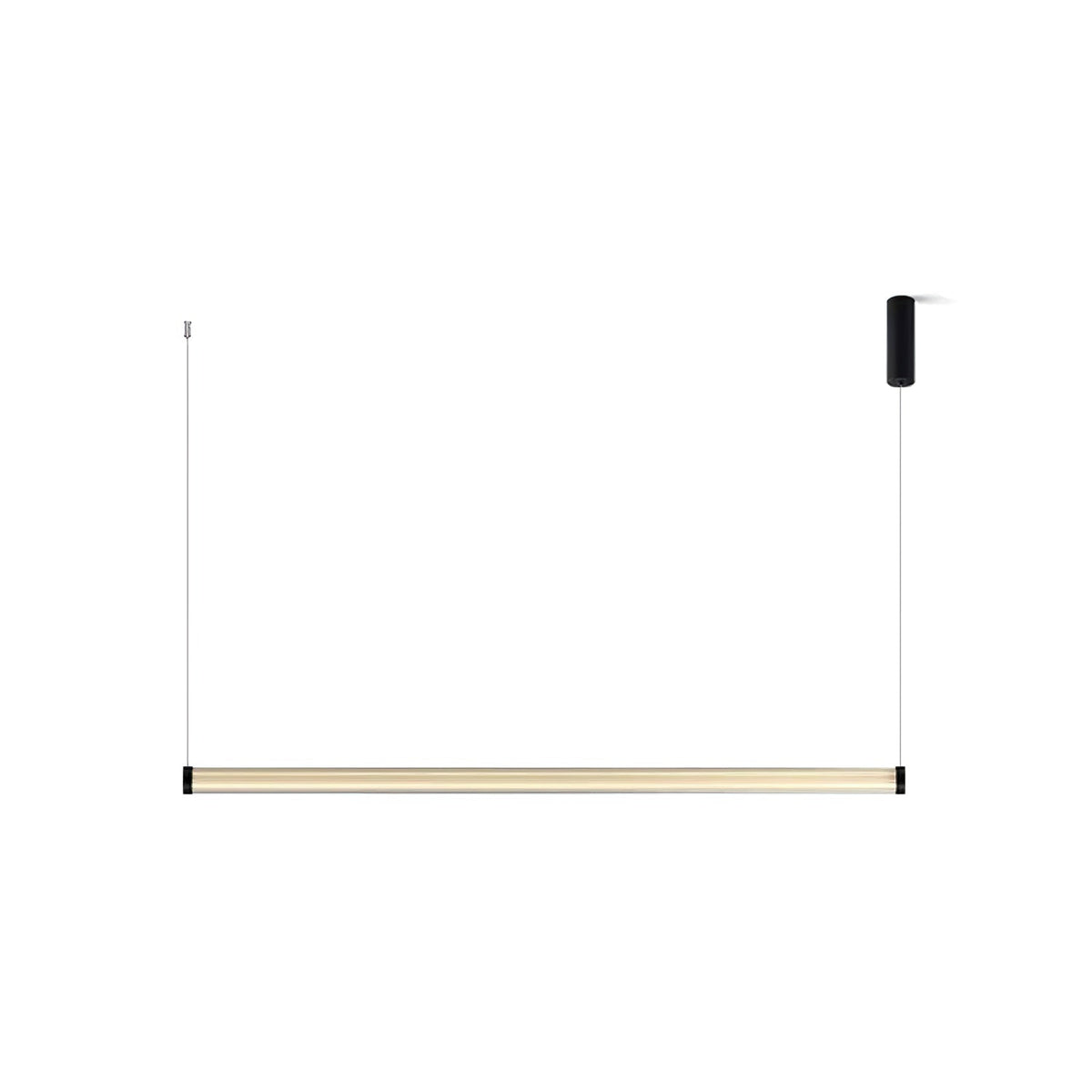 This Clérachic linear pendant on a white backdrop, its slim tube hanging from a black canopy on the right and a thin cable.