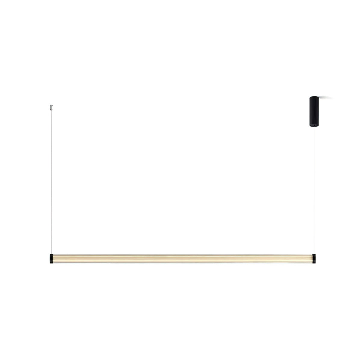 A second white-backdrop view of this Clérachic linear pendant, the slim glowing tube hung from two cables below a small canopy.