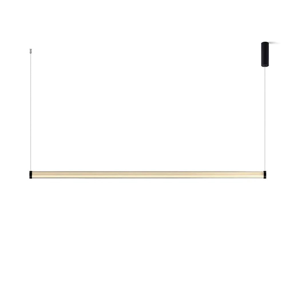 This Clérachic linear pendant on white, a longer view with the tube and both cables running close to the edges of the frame.