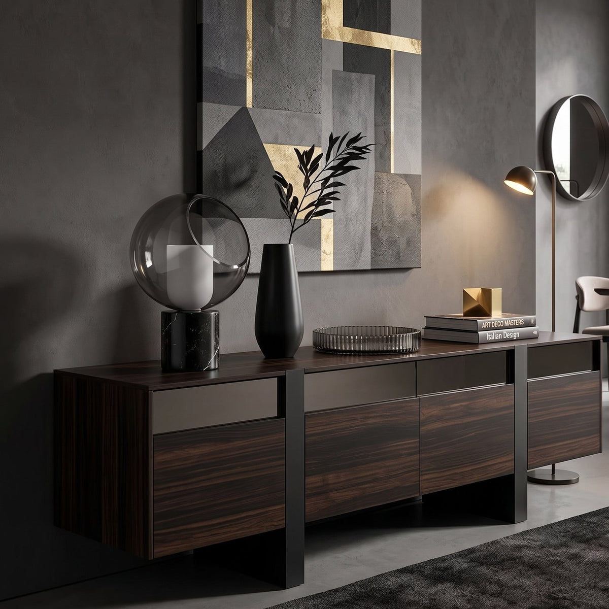 On a dark wood sideboard in front of a gold and grey abstract artwork, this Clérachic table lamp stands beside a black vase.
