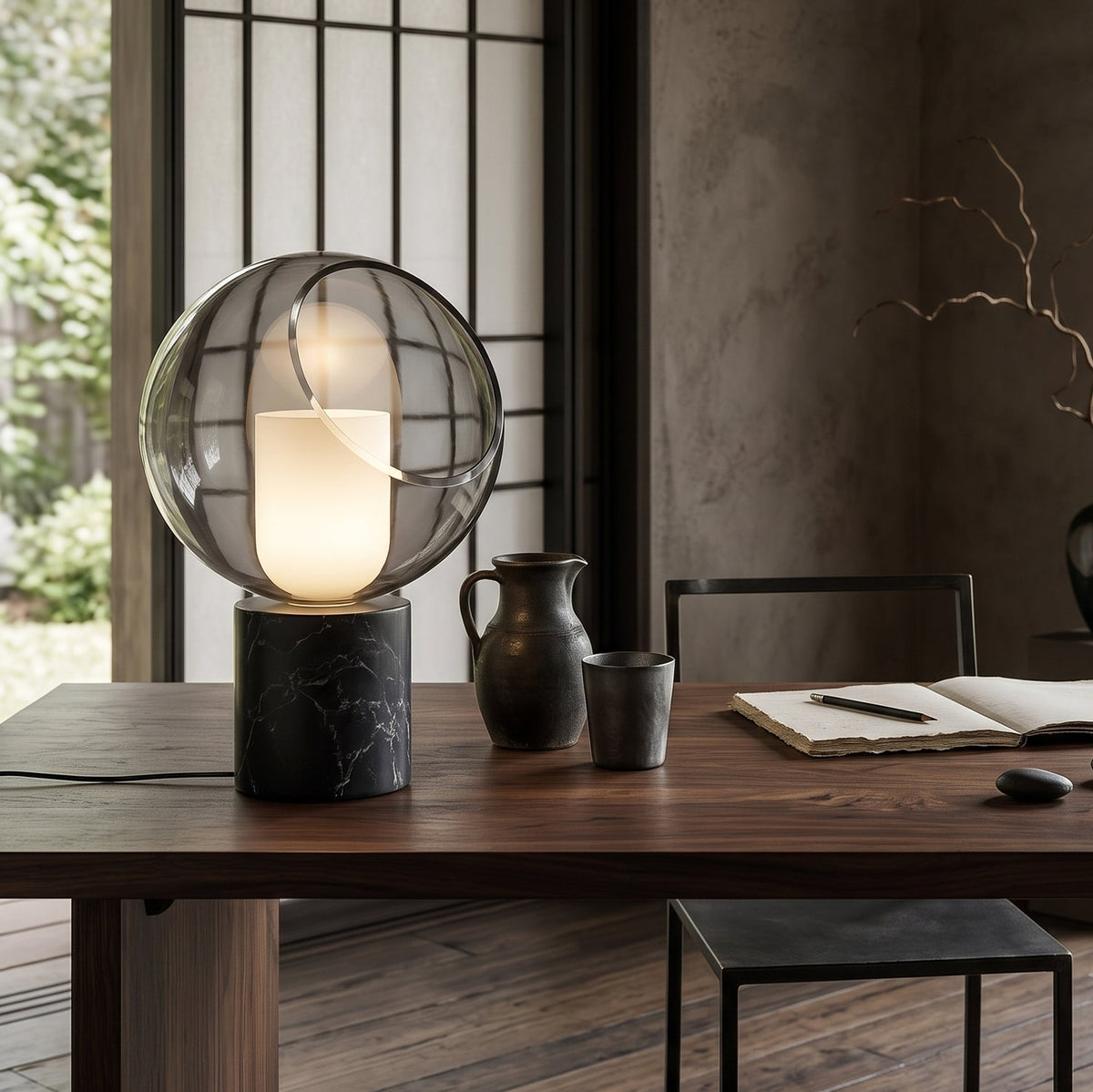 Close view of this Clérachic table lamp on a dark wood desk, with a ceramic jug, a cup and an open notebook, by a paper-screen window.