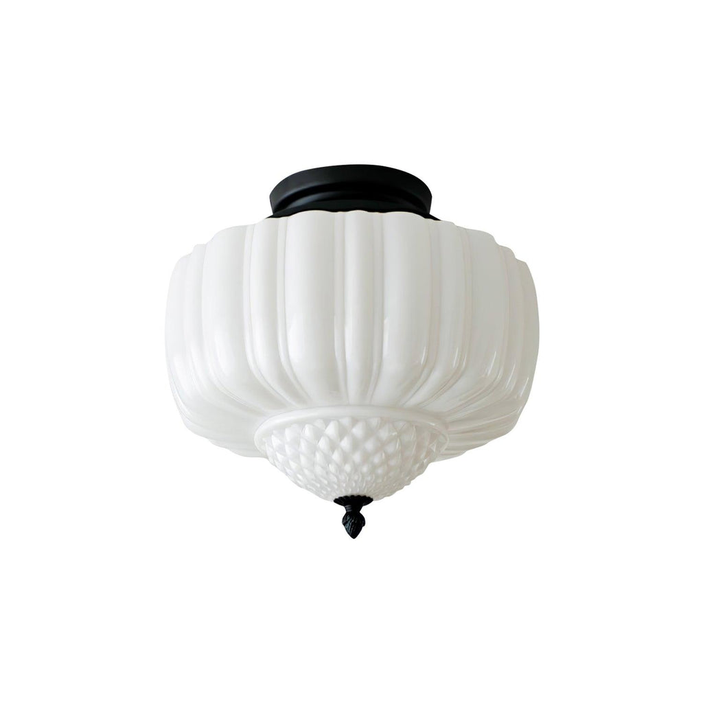 Ribbed white glass ceiling light from Clérachic with a black round canopy and a small finial, on a white backdrop.