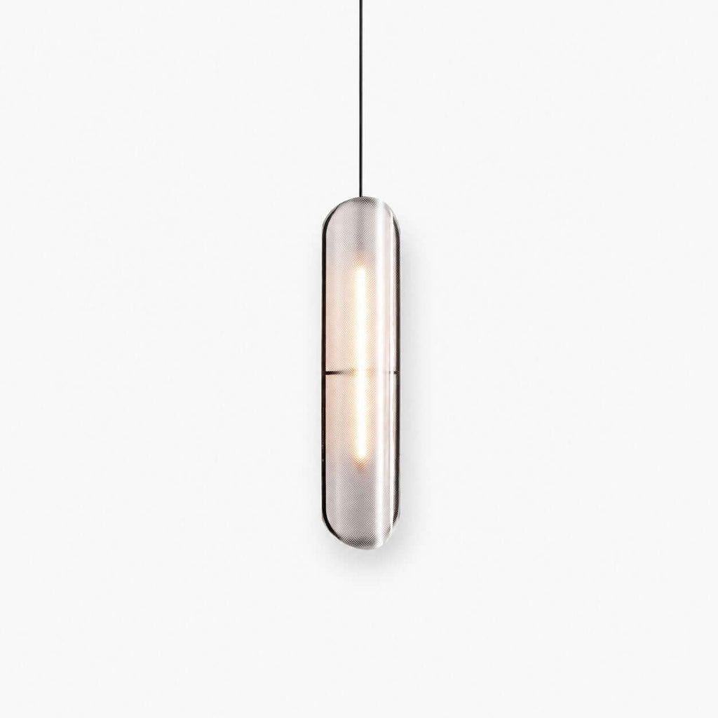 Clérachic slim black capsule pendant with a textured shade and a lit LED strip inside, hanging from a thin black cord on white.
