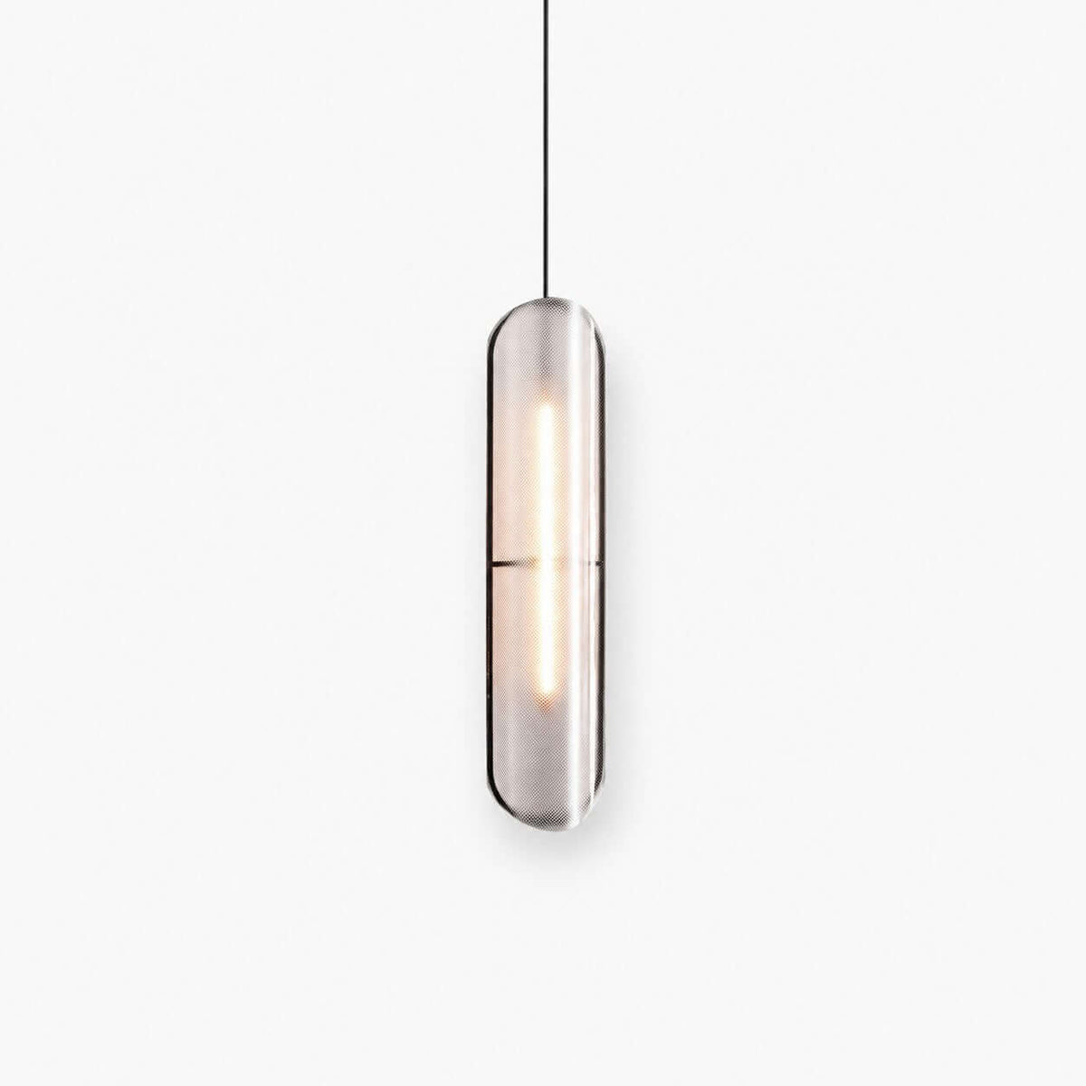 Clérachic slim black capsule pendant with a textured shade and a lit LED strip inside, hanging from a thin black cord on white.