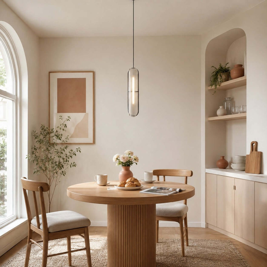 Clérachic capsule pendant hung low over a round wood dining table, in front of an arched window and a built-in shelf.