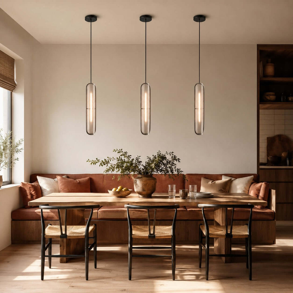 Three Clérachic capsule pendants in a row above a dining table with wishbone chairs and a rust-coloured banquette.
