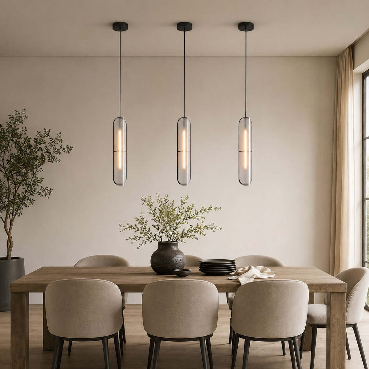 Clérachic capsule pendants hung in a row above a long wood dining table with upholstered chairs and a potted tree.