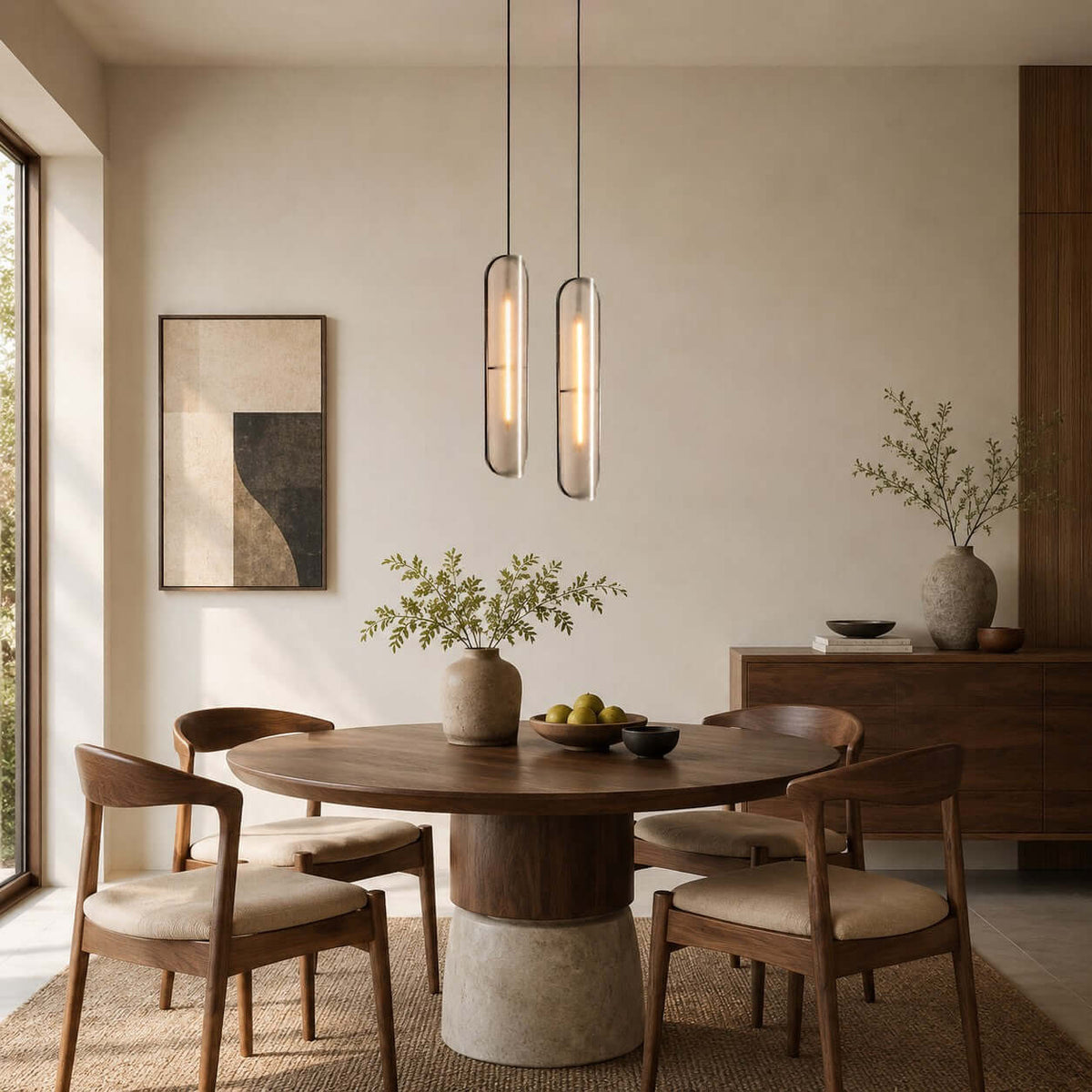 Two Clérachic capsule pendants at different heights above a round dining table with walnut chairs and a framed abstract artwork.