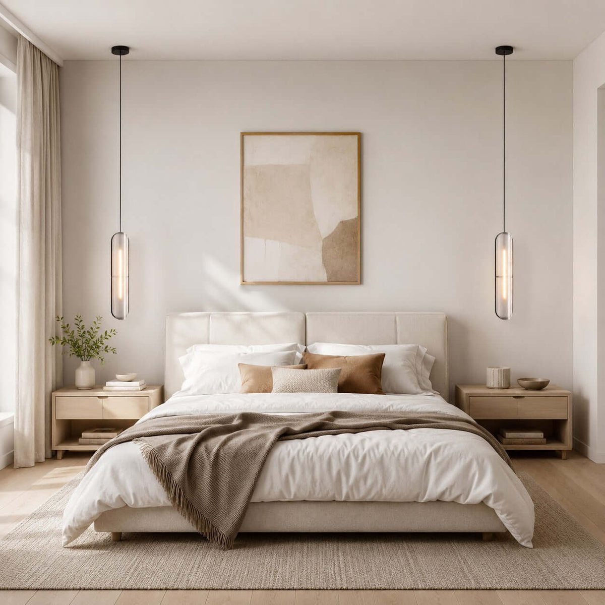 A pair of Clérachic capsule pendants hung as bedside lights on either side of a low bed with a taupe throw and a framed print.