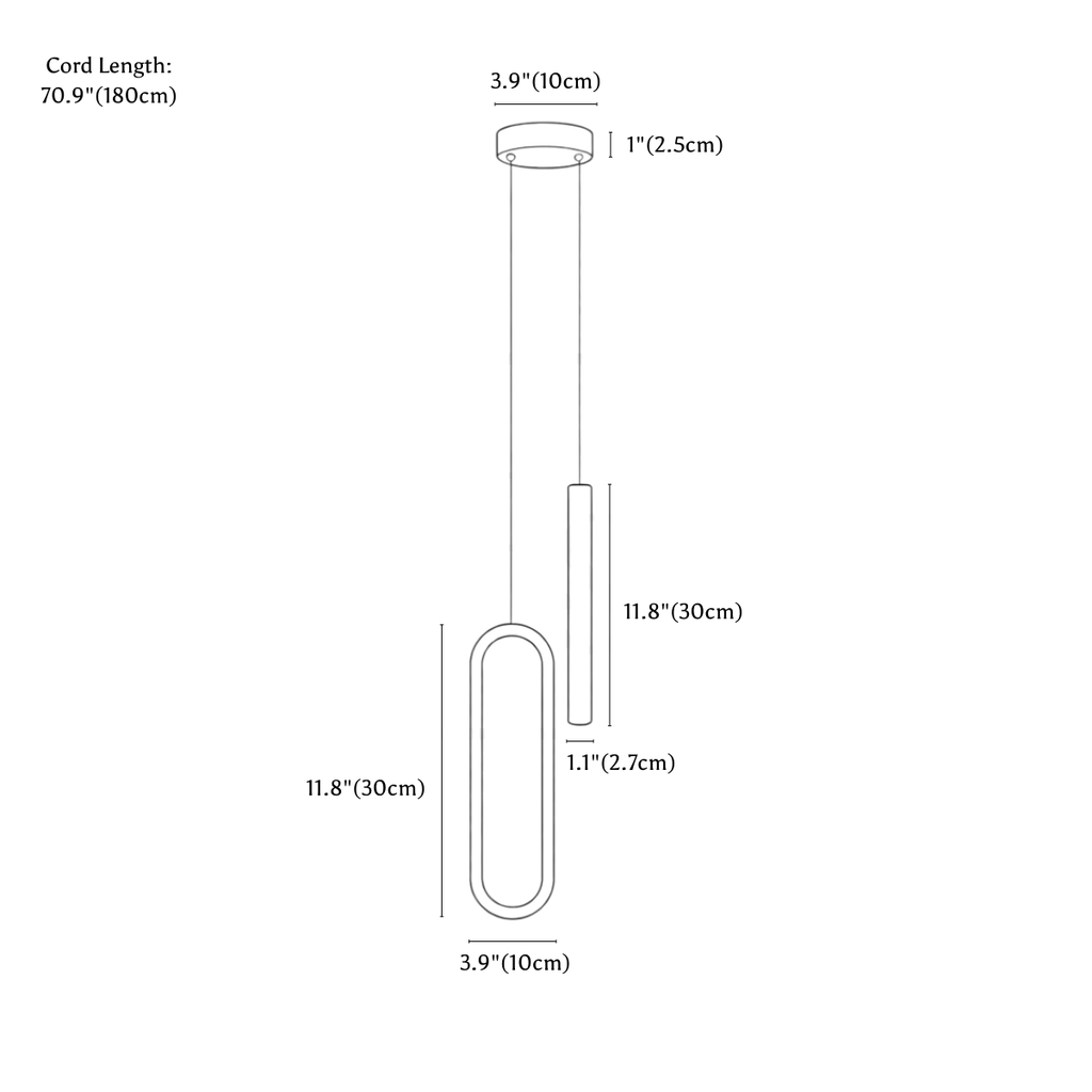 Clérachic pendant light dimension drawing, every measurement marked in centimetres and inches.