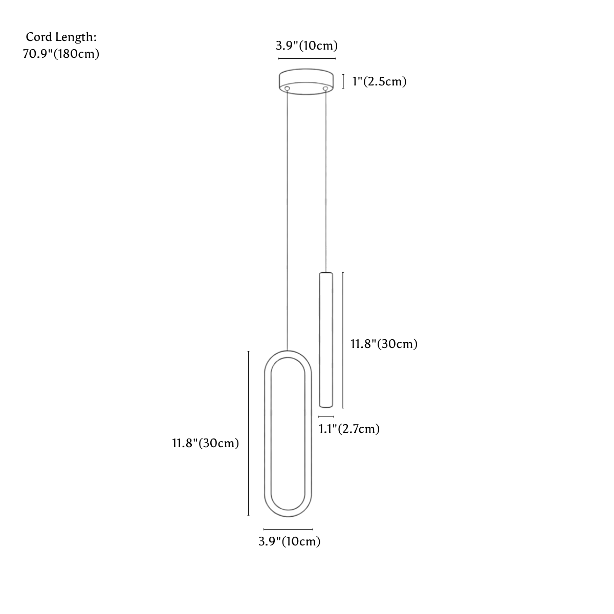 Clérachic pendant light dimension drawing, every measurement marked in centimetres and inches.
