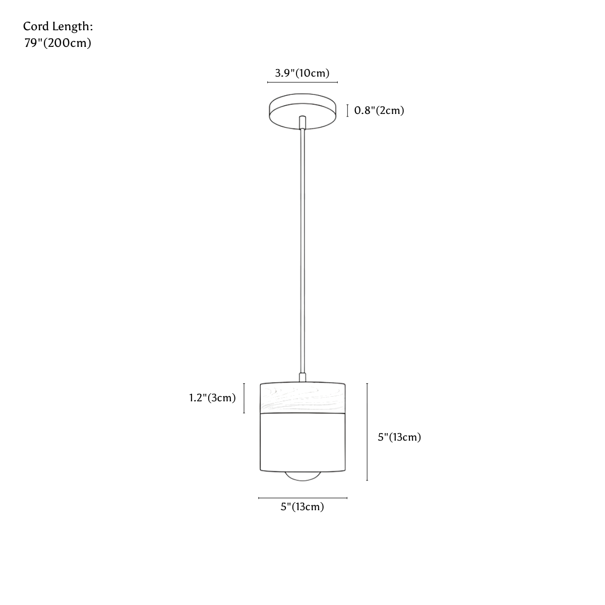 Clérachic pendant light dimension drawing, Drawing, every measurement marked in centimetres and inches.