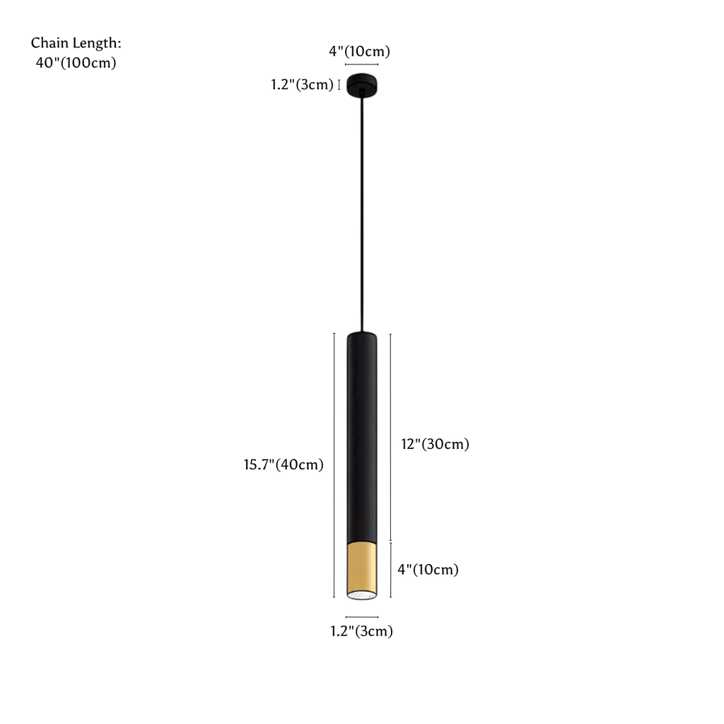 Clérachic pendant light dimension drawing, 15.7 40 cm, every measurement marked in centimetres and inches.